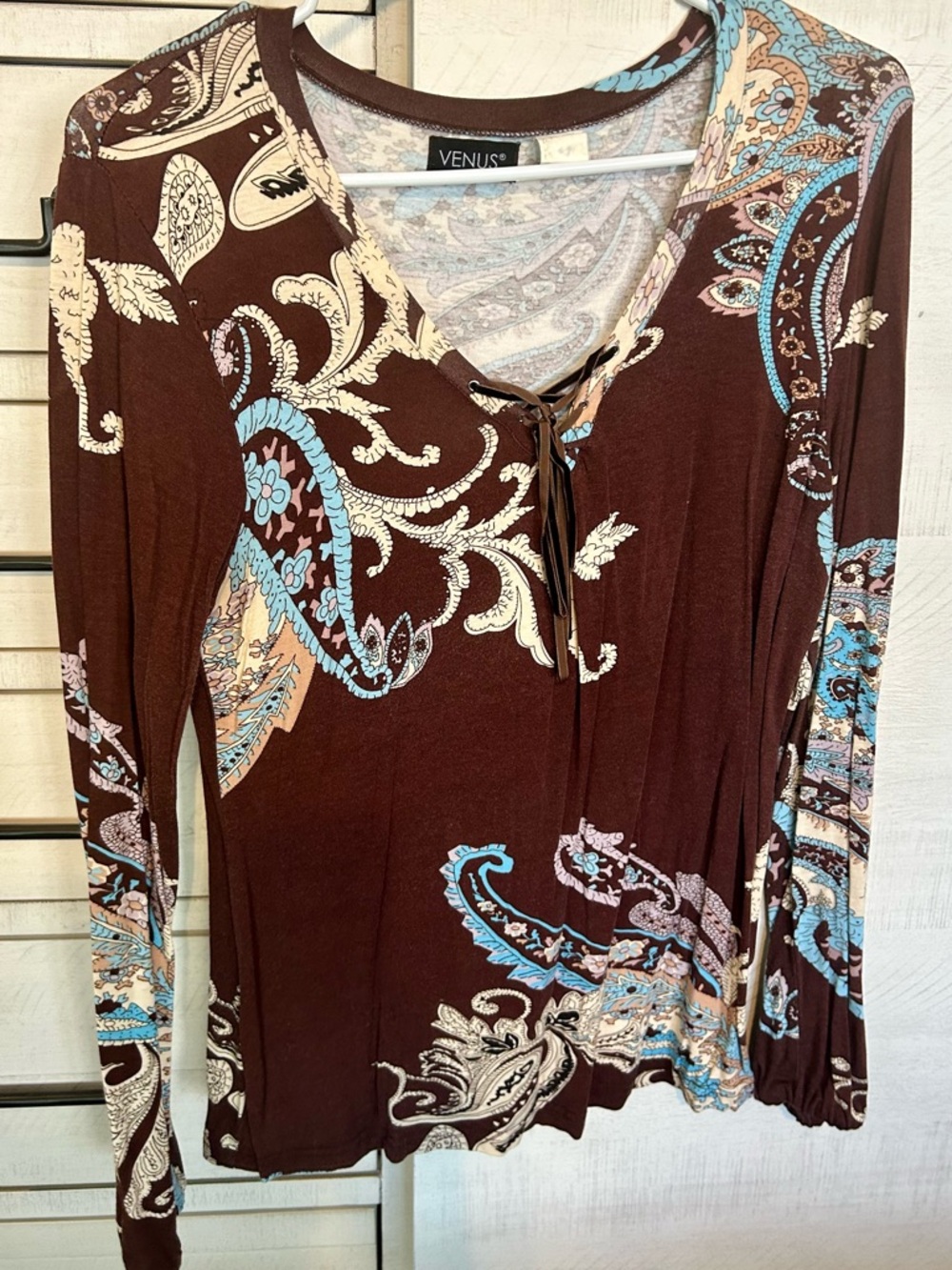 VENUS Brown Paisley Lace-Up Long Sleeve Tee with Blue & Cream Accents